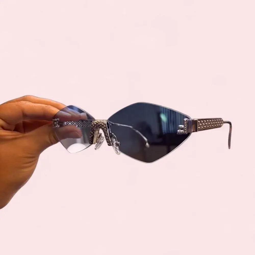 Women's blue Icy rimless sunglasses sparkly rimless glam quiet luxury rich